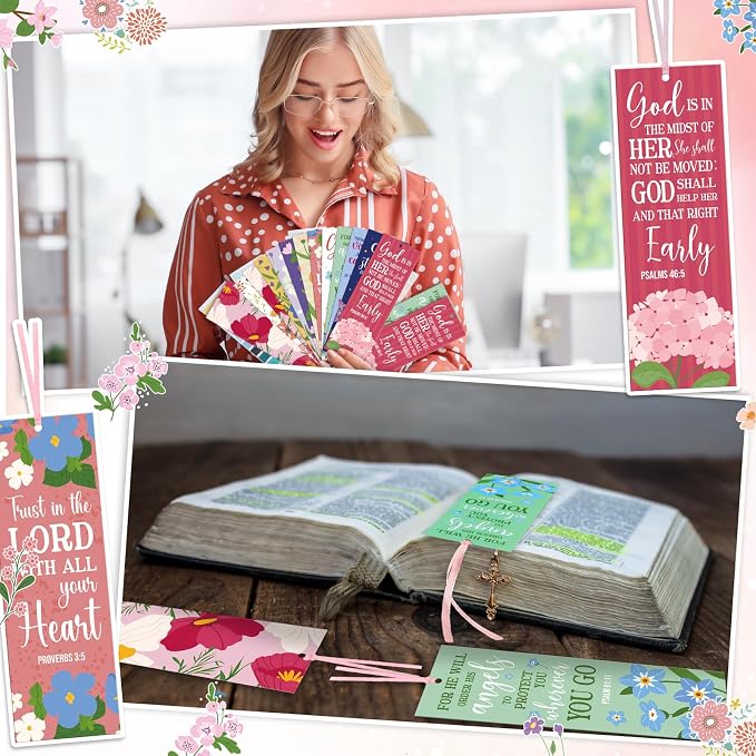 PerKoop 60 Pcs Mother's Day Bible Verse Bookmarks Bulk for Women Woman of God Christian Scripture Religious Flower Bookmarks with Ribbons for Mom Mother's Day Appreciation Gifts Church Supplies
