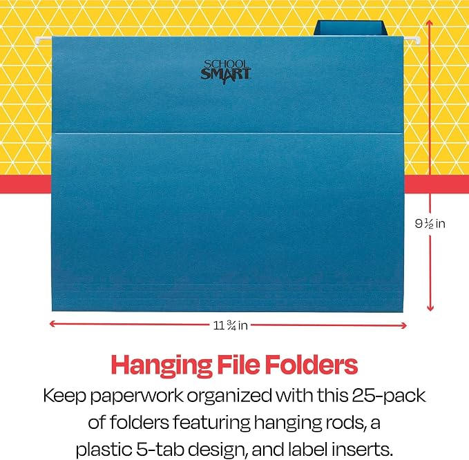 School Smart Hanging File Folders, Letter Size, 1/5 Cut Tabs, Blue, Pack of 25