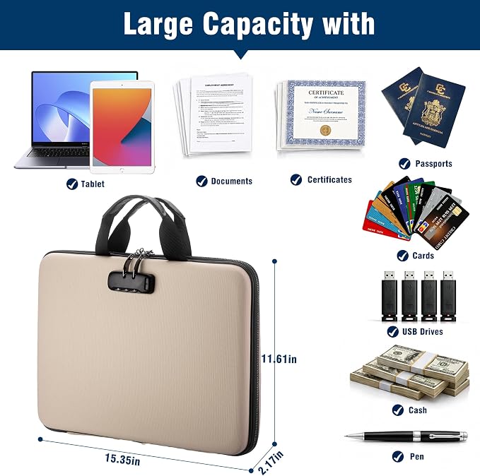 Fireproof Document Box with Lock, Hard-Shell Case Fireproof File Organizer with 13 Pocket Accordion File Folder, Portable Home Office Travel Safe Storage for Important Documents Laptop