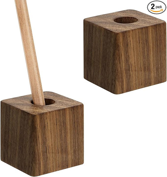 2 Pcs Walnut Wood Pencil Holder Single Slot Pen Stands for Office & Home Desk (0.55" Hole, Pen Not Included)