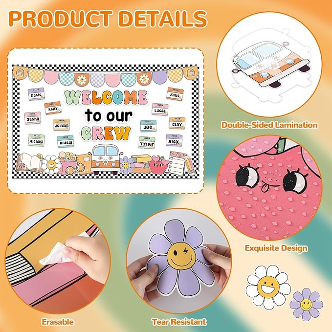 Groovy Back to School Bulletin Board Decorations Welcome to Our Crew Classroom Bulletin Board Border Set Retro Groovy Daisy Hippie Paper Cutouts Preschool Chalkboard Wall Decor