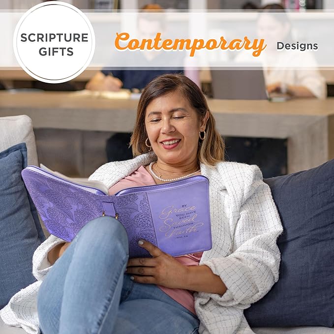 Christian Art Gifts Faux Leather Fashion Bible Cover for Women: By Grace You Have Been Saved - Ephesians 2:8 Inspirational Bible Verse, Hydrangea Lavender-Purple, Large