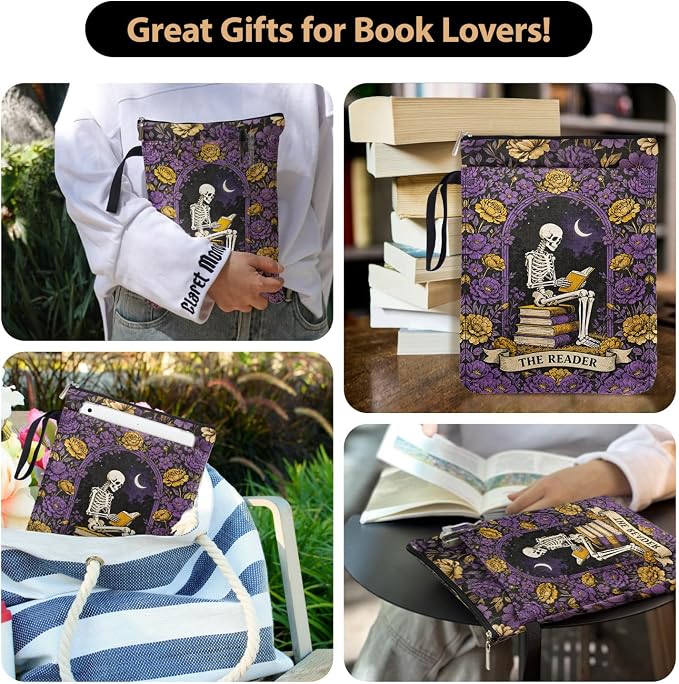Gothic Skull Purple Garden Book Sleeve Pouch for Women Book Lovers, Fantasy Novel Reader Gifts for Reader Writer, Tarot Book Covers for Paperbacks with Handle, Reading Accessories for Student