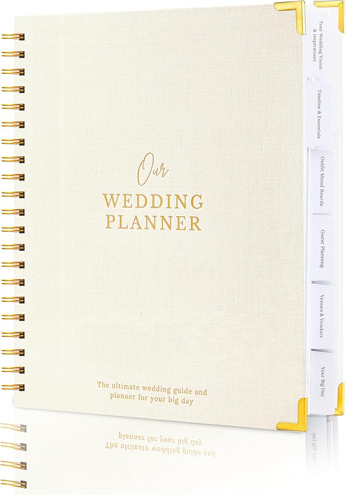 Timeless Premium Linen Wedding Planner Book and Organizer – Wedding Planning Book, Comprehensive Keepsake & Countdown Binder, Perfect Engagement Gift for Women, 11" x 9" (Cream with Gold Corner)