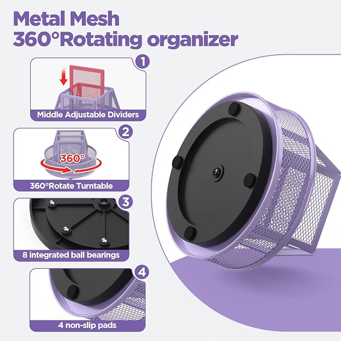 Docnest 360° Rotating Pen Holder,Heavy-Duty Metal Mesh Desk Organizer with 6 Compartments for Pencils,Scissors & Markers –Space Saving Office Supply for Teachers, Students & Home Desk-Purple