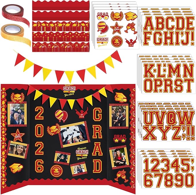 31 Pcs Graduation Photo Poster Board Decor Set Include 28 Sheets Graduation Themed Stickers 2 Rolls Picture Frame Tape 1 PC Banner for 2026 Grad Party College Board Photo Frame Decor (Red)