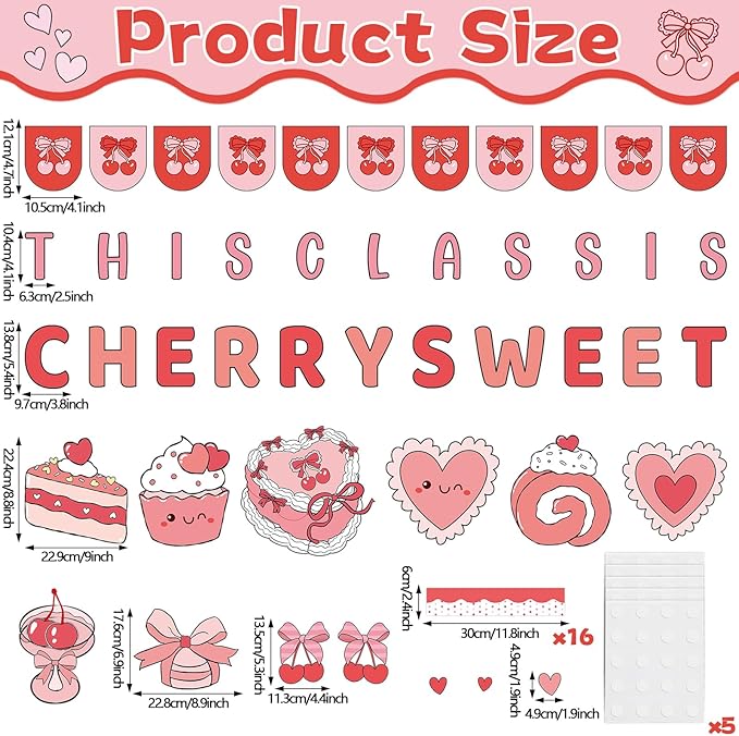 Valentine's Day Bulletin Board Decorations Set This Class is Cherry Sweet Classroom Decoration Valentines Cute Cherry Bow Cake Heart Cutouts for School Classroom Chalkboard Wall Decor Party Supplies