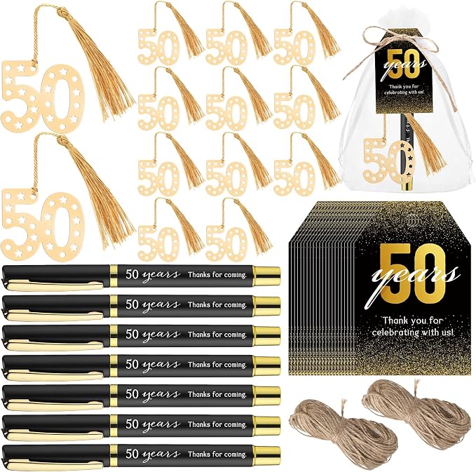 Spakon 50 Set 50th Birthday Party Favor for Guest Anniversary Party Favor Golden Birthday Bookmark Thanks Coming Pen with Tag Appreciation Gifts for Women Men Wedding Anniversary