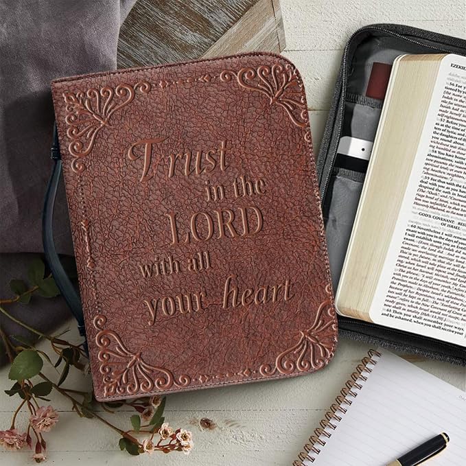 Retry Style Cross Bible Case with Bookmark Waterproof Bible Cover Case for Women Lightweight Bible Bag with Handle Pockets Church Book Bag Brown