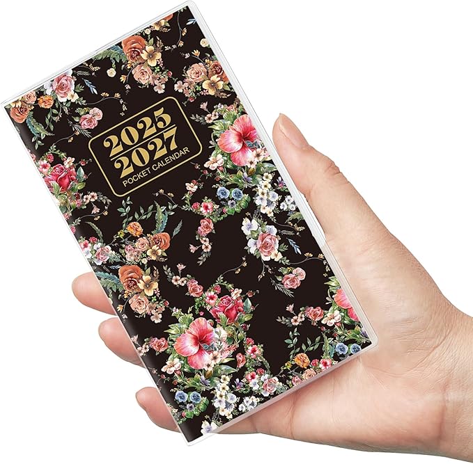 Phyxin 2026 Pocket Calendar, Two Year Pocket Planner - Runs From Sep 2025 Until Dec 2027, Small Planner - 6.7" x 3.7", Small Calendar for Women, Students, Black Flowers