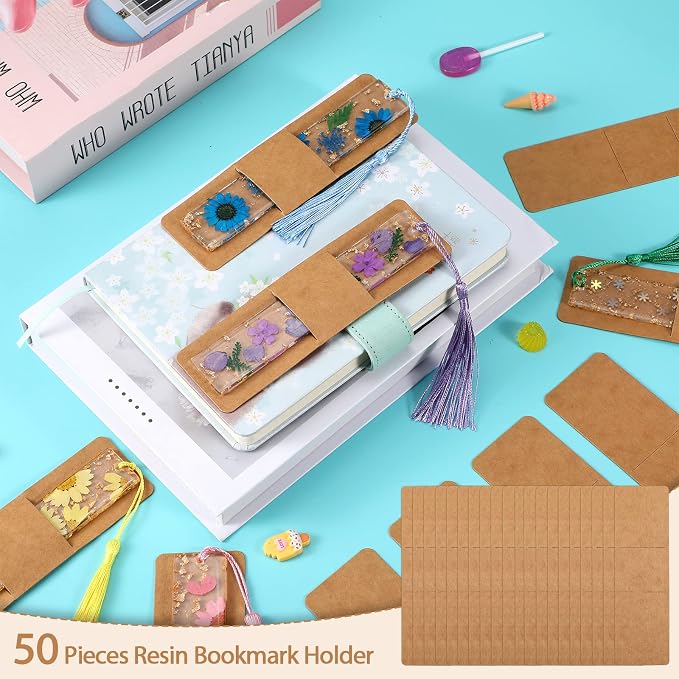 Fumete 50 Pieces Resin Bookmark Holder Bulk 5.9 x 1.8 Inches Kraft Bookmark Sleeves DIY Display Cards for Wrapping Small Business Packaging Supplies Party Favor Gifts(Cute,Brown)