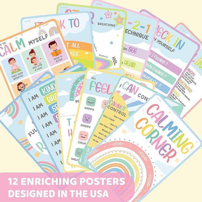 jackinthebox 12 Calming Corner Posters with Gold Foil Embedded Stars - 12 x 17 inches Laminated Classroom Decor Posters, Calm Down Corner Supplies, Emotions Charts for Kids