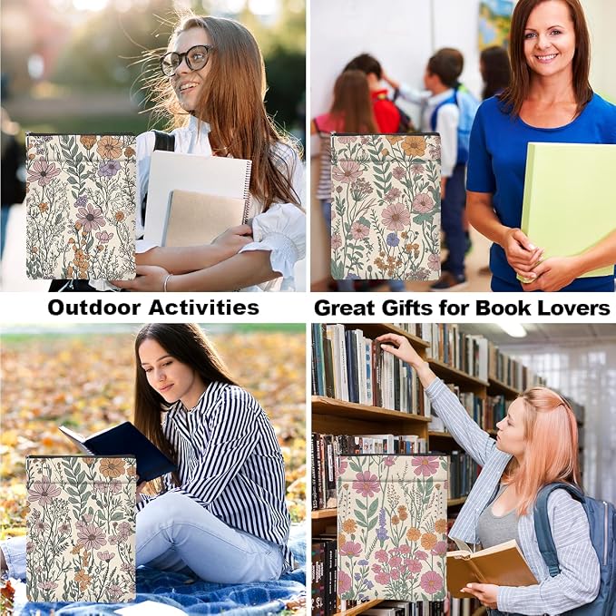 4PCS Waterproof Book Sleeve Book Pouch Protector with Zipper and Front Pocket Books Cover for Women Girl Books Lover Reader Librarian Reading Accessories Bookish Gifts, Cute Wildflower Pattern Decor