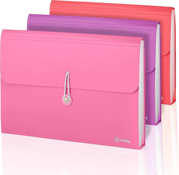 Accordion File Organizer, 7 Pocket Expanding File & Cover Folder with Labels, Plastic Portable Desktop Supplies Letter A4 Paper in Purple, Pink, Red, Multicolor, (3 Pack) – by Enday