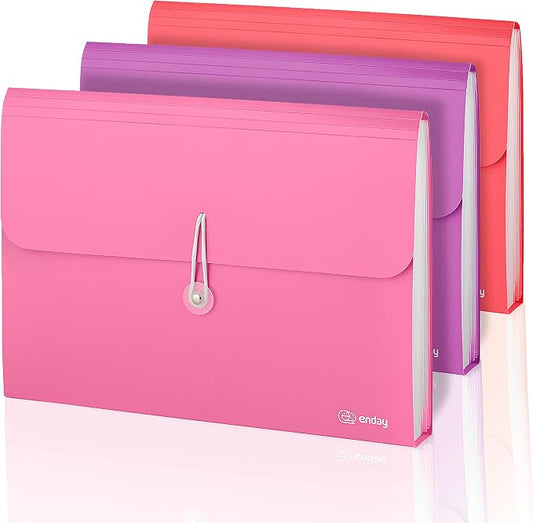 Accordion File Organizer, 7 Pocket Expanding File & Cover Folder with Labels, Plastic Portable Desktop Supplies Letter A4 Paper in Purple, Pink, Red, Multicolor, (3 Pack) – by Enday