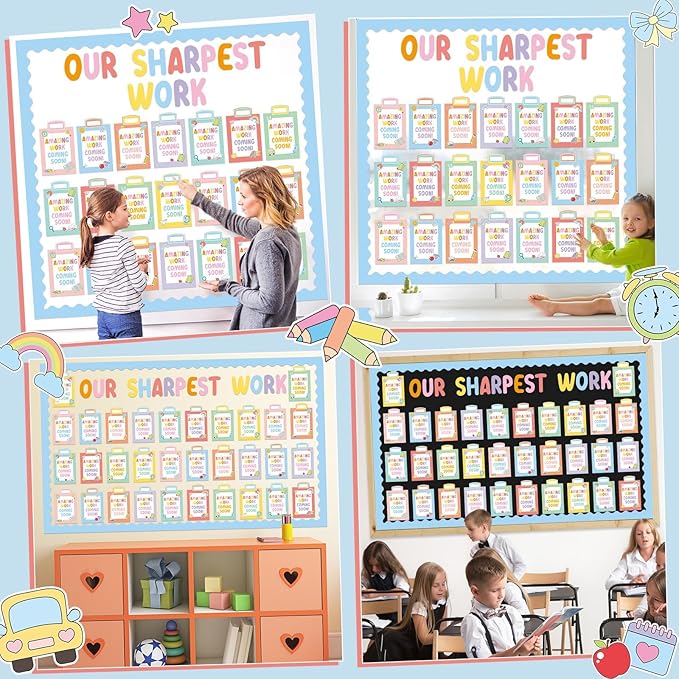 Wiooffen 154 Pcs Student Work Display Bulletin Board Set Bulletin Board Cutouts with Clips Names Display Inspirational Student Work Classroom Wall Decor for Teacher Back to School Supplies Boho