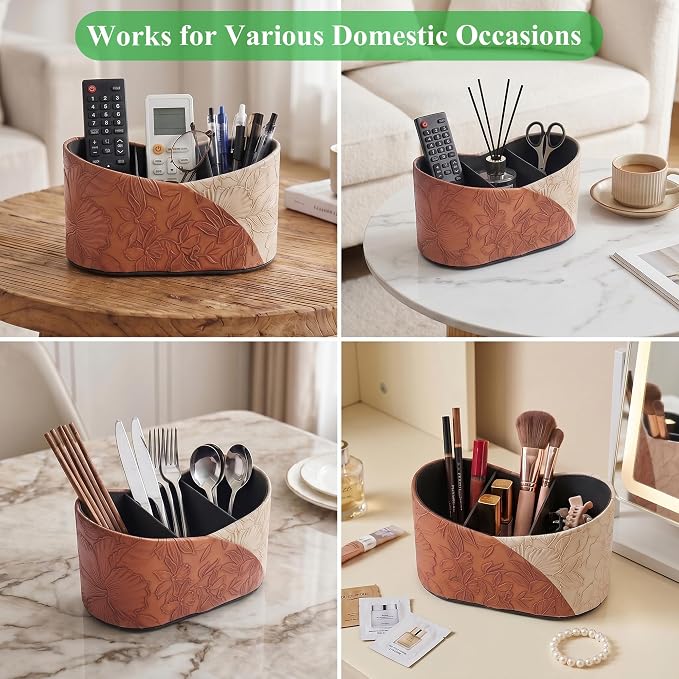 Two Leaves Shaped Leather Art Supply Organizer,Remote Control Holder,Multi-Functional Pencil Holder,3 Compartments Desktop Stationary Organizer(1-Brown)