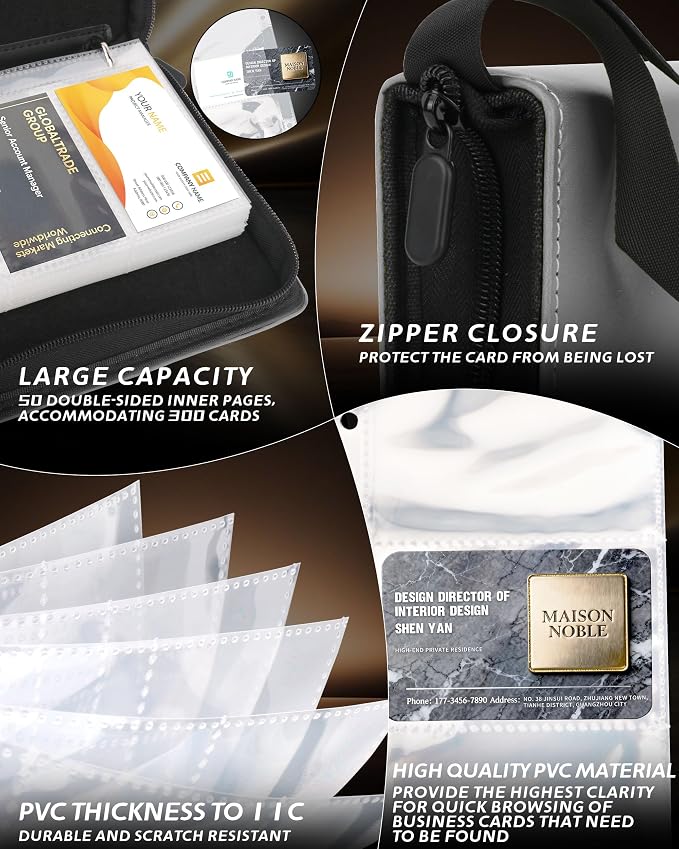 Leather Business Card Book Holder Organizer, Professional Name Card Book Holder with 300 Card Capacity, Portable PU Credit Card Binder File Sleeve Storage for Men Women,50 Pack Sleeves Zipper Closure