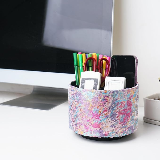 Round Leather Art Supply Organizer,Remote Control Holder,360-degree Rotating Pen Organizer with 4 Compartments(1-Painting Pink)