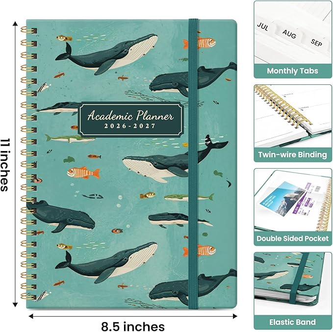 Planner 2026-2027, Academic Year Monthly and Weekly Calendar Planner, Jul 2026 - Jun 2027, Hardcover Teacher Student Planning Agenda book with Tabs, Perfect for School Office Supplies, 8.5" x 11" - Depths Whale