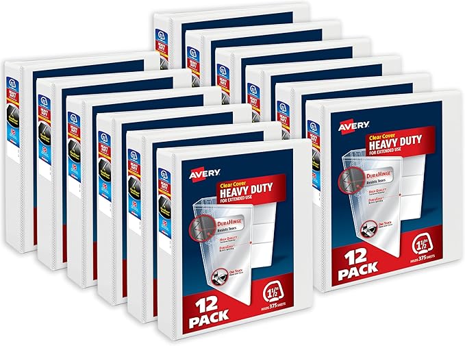 Avery Heavy-Duty View 3 Ring Binders, 1.5 Inch One Touch Slant Rings, DuraHinge, 2.1 Inch Wide Spine, Customizable Clear Cover and Spine, White Binders (12-Pack of 79795)