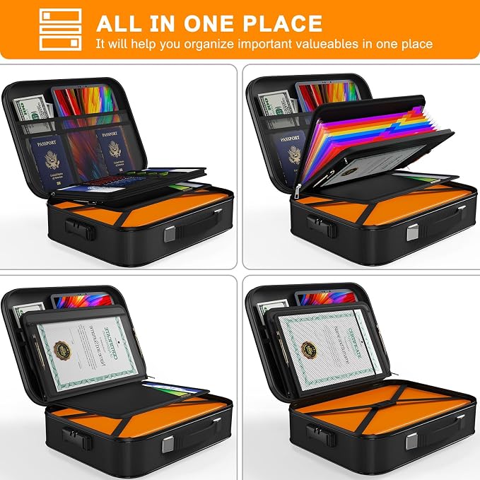 JUNDUN Fireproof Box,Hard Shell Fireproof Safe Box with Lock,Portable Fireproof Safe Storage Box for Letter Size Documents,files,Papers and Passport,Colourful, F880001C