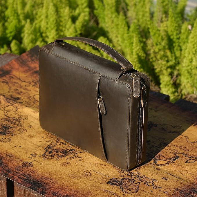 Polare Full Grain Leather Bible Cover Church Bag 10x7.5x2.2 inch Carrying Book Case Bible Protective with Handle and YKK Zippered Pocket (Dark Brown)