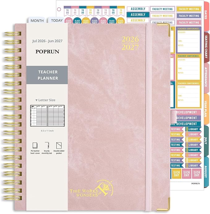 POPRUN Teacher Planner 2026-2027 Academic Year, Large Size 8.5"x 11", Monthly and Weekly Calendar, July 2026 - June 2027, Plan book with Hardcover, Spiral Bound, School Supplies for Classroom - Pink