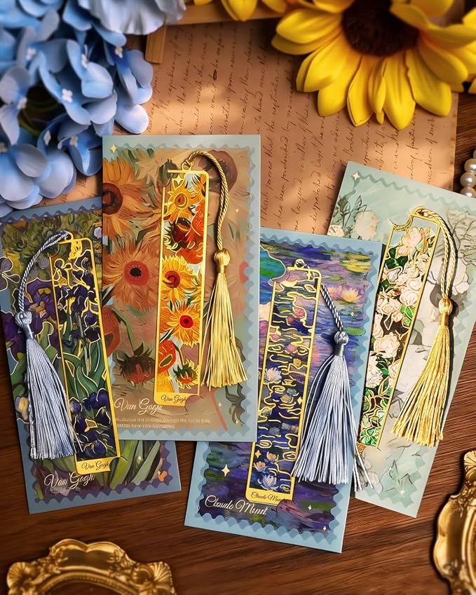 4 Pieces Metal Bookmarks with Tassel, Golden Hollow Bookmark Van Gogh Monet Oil Painting Theme Book Marker for Book Lovers Writers Readers Children Teens Men Women Adults