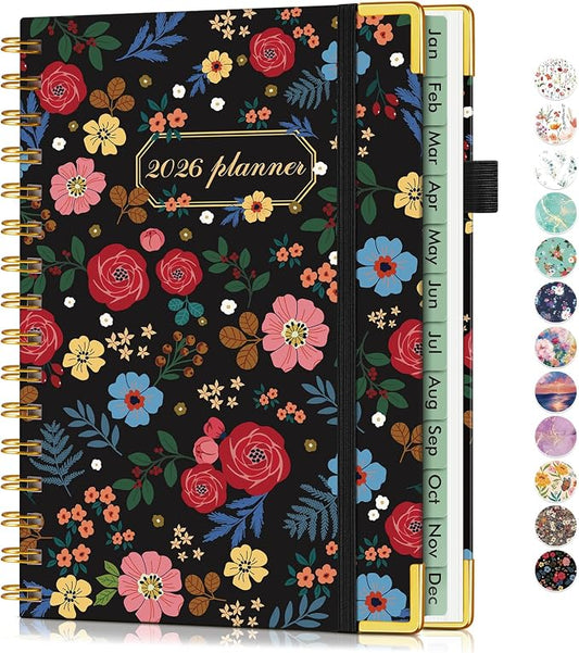 2026 Planner, Hardcover Weekly and Monthly Planner for Women, January 2026 - December 2026, Spiral Yearly Agenda Organizer Book 2026 with Tabs, Daily Calendar Planners for School Work Home, A5 (5.75" x 8.38"), Rose Floral