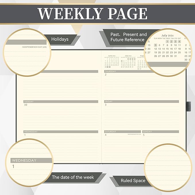 2026-2027 Planner - Weekly and Monthly Planner 2026-2027, Jul. 2026 - Jun. 2027, 9" x 11", 26-27 Calendar Planner with Inner Pocket + Elastic Closure + Pen Loop + Bookmarks, Leather Hardcover - Grey