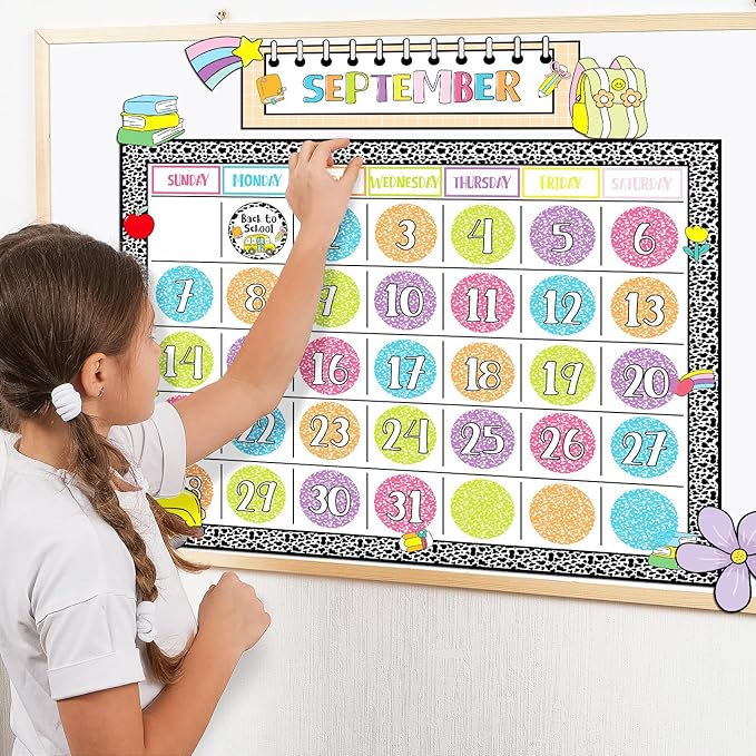 Classroom Calendar Bulletin Board Set for Back to School Bulletin Board Decoration Pencil Apple Seasons Weather Chart Composition Notebook Paper Cutouts for Teachers Elementary School Classroom
