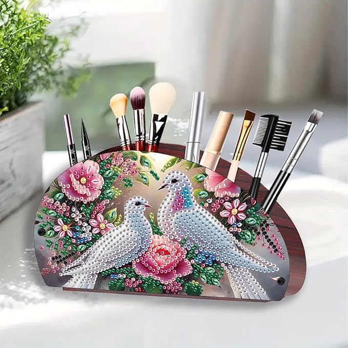 Remote Control Holder with 4 Compartments, DIY Diamond Art Painting Wooden Half Moon TV Control Holder for Remote Controllers, Office Supplies, Makeup Brush, Media Accessories-Pigeon-1