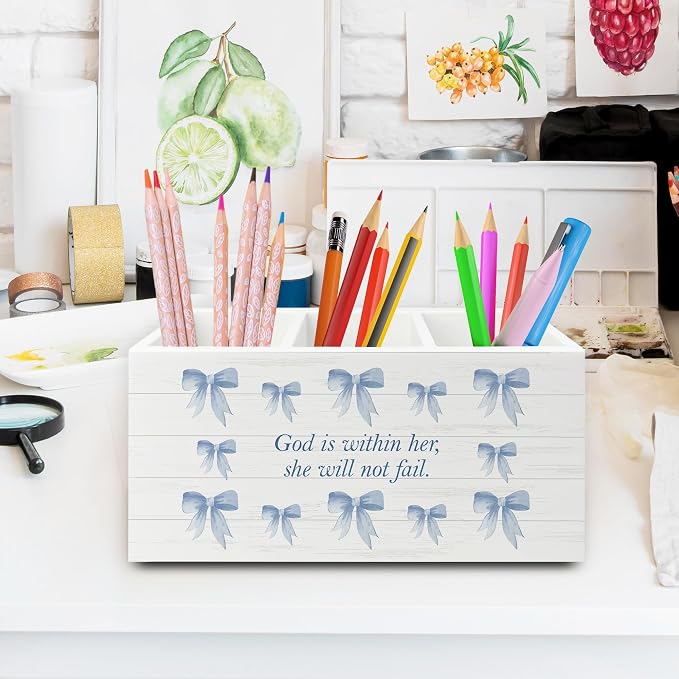 Blue Coquette Bow Christian Pen Pencil Holder Organizer for Desk, Preppy Desk Decor, Christian Gifts for Women, Bible Verse Wooden Box Sign for Girly Room Bedroom Dorm Tabletop Decorations