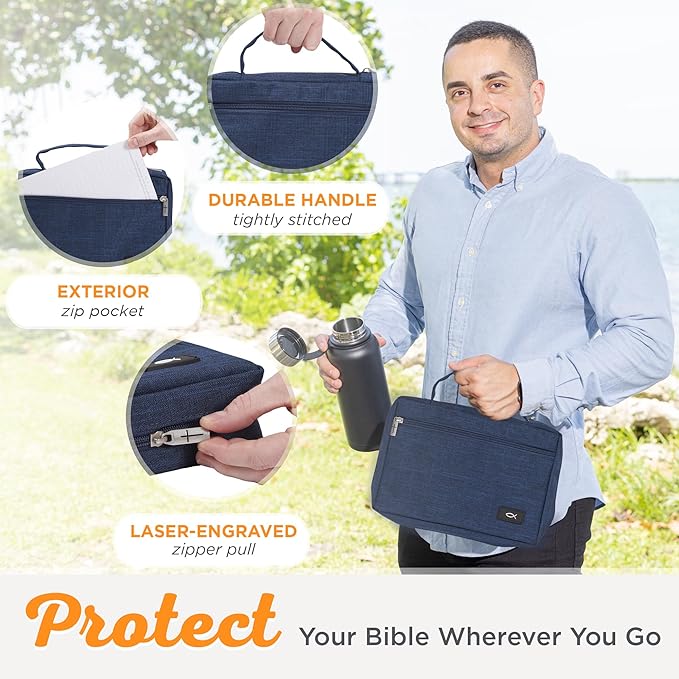 Christian Art Gifts Polyester Bible Cover for Men & Women w/Jesus Fish Patch, Zipper Pocket, Pen Loops, Easy Carry Book Case for Stationery, Accessories, Navy Blue, XL
