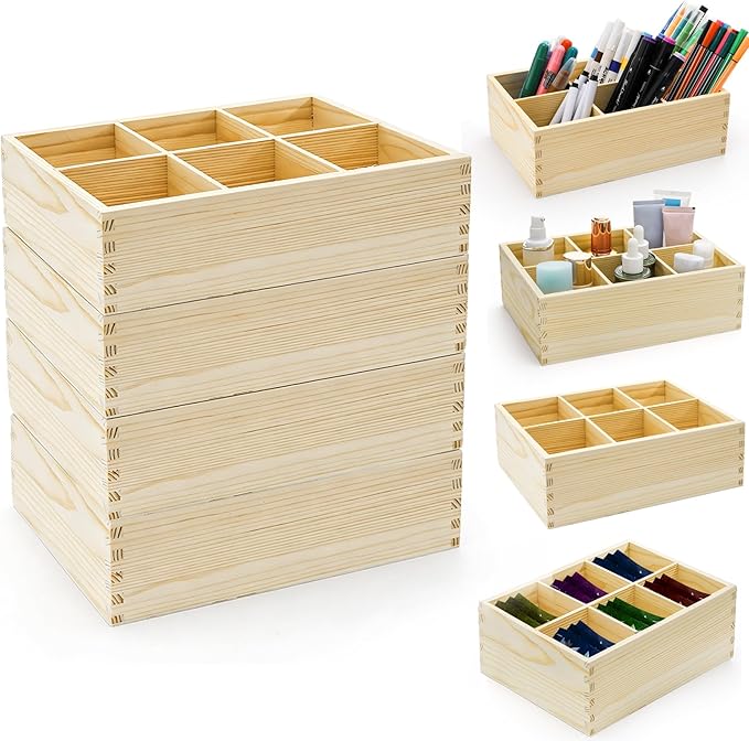 Yopay 4 Pack Wood Organizer Caddy, 6 Compartment Pen Holder Caddy, Stackeble Tea Bag Organizer Sugar Packet Holder for Art Supplies, Makeup Brushes, Phones, Home, Office, Coffee Bar, Desktop