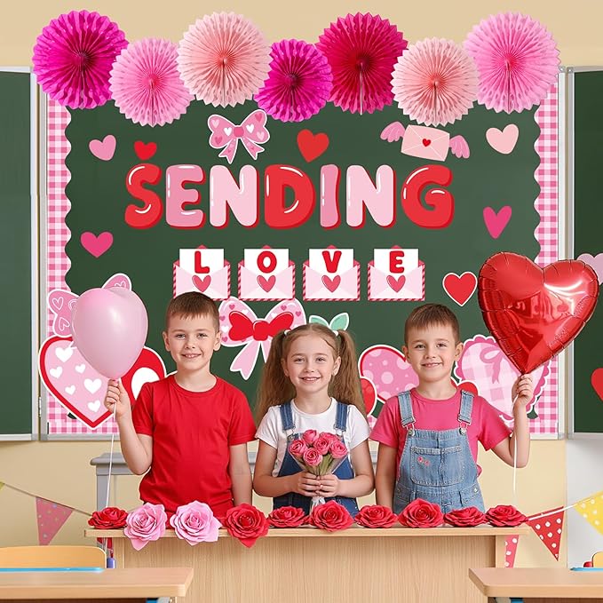 Valentine's Day Bulletin Board Decoration with 3D Paper Fans Valentines Party Classroom Bulletin Board Decorations Sending Love Heart Envelope Cutouts Red Pink Heart Cut Outs for School Home Wall Door