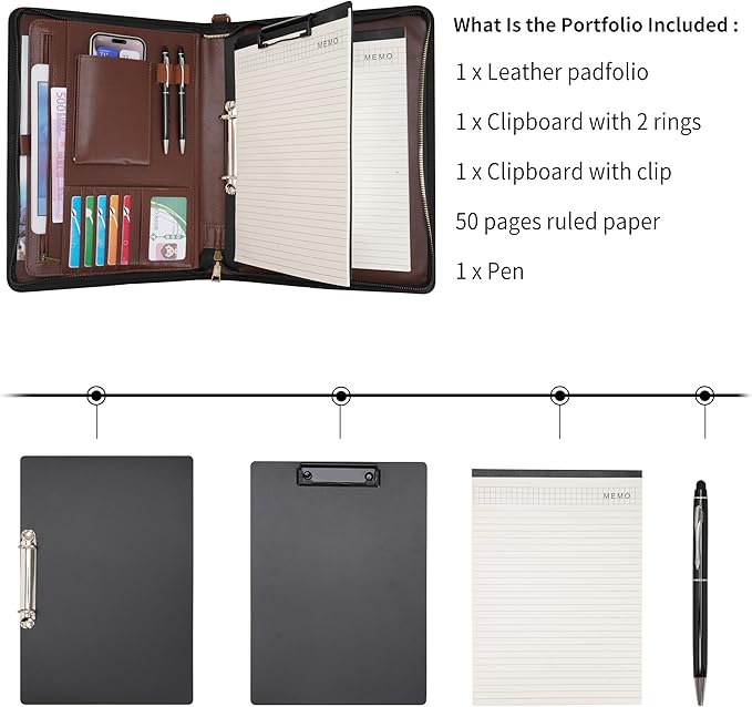 Wason A4 Portfolio with Zipper - Leather PU Padfolio with Detachable Ring Binder and Writing Notepad Holder, Conference File Multi-Pockets Organizer for Office Travel School (Coffee)