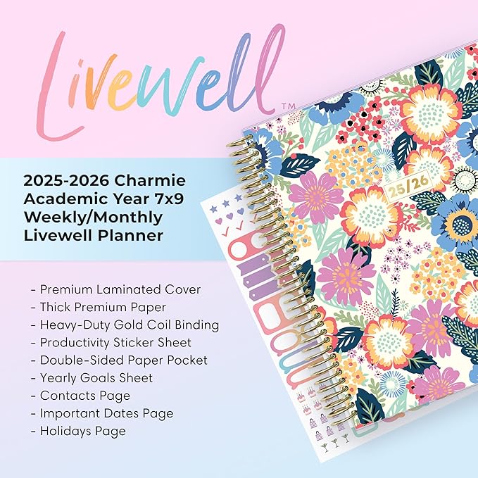Blue Sky Livewell Weekly and Monthly Academic Year Planner Calendar, July - June, Flexible Cover, Wirebound, Colorful Interior, Laminated Tabs, Storage Pocket, Includes Stickers, Charmie (Charmie- 2025/2026, 7" x 9")