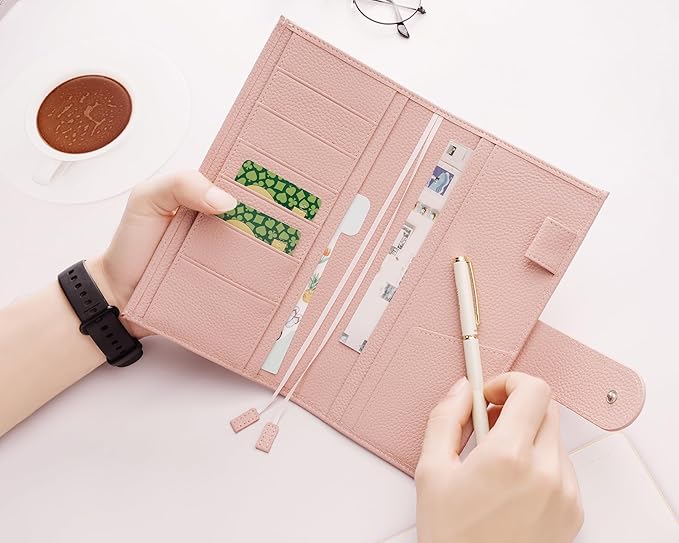 Genuine Leather Cover for Hobonichi Weeks/Weeks Mega with Pen Loop, Card Slots, Back Pocket, and Bookmarks (Pink)