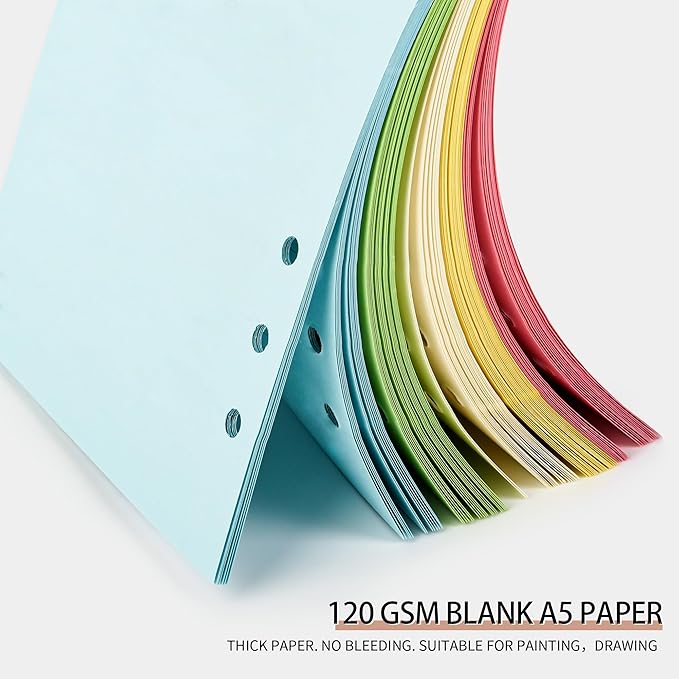Blank Refill Paper, A5 Planner Inserts,Colorful Unruled Pages for Size 6-Ring Binder, 5-color 120 GSM Thick Loose Leaf Paper,50 Sheets/100 Pages (50, A5-BLANK)