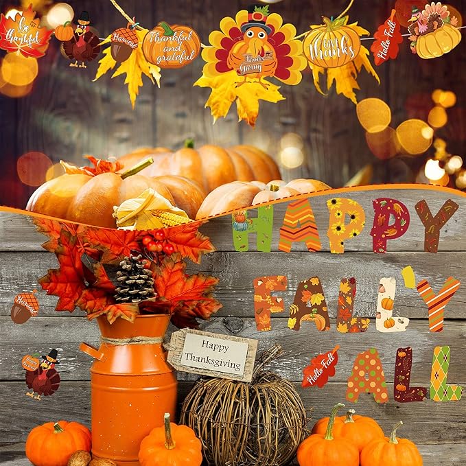 Marspark 68 Pieces Thanksgiving Classroom Decoration Fall Bulletin Border Decoration Pumpkin Maple Leaves Turkey Paper Cutouts Thanksgiving Wall Decor for Autumn Harvest Party School Home Windows