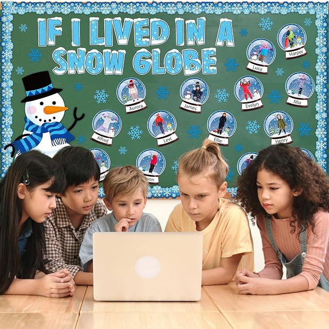 94pcs Winter Bulletin Board Decorations Set Let It Snow Snowmen Paper Cutouts for Posting Photo Globe Cutouts with Snowflakes Borders Christmas January Holiday Classroom Chalkboard Wall Decor Supplies