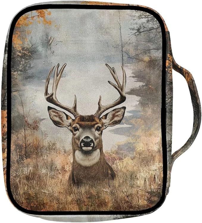 Suobstales Deer Forest Camo Print Bible Cover Carrying Book Case for Women Men Lightweight Bible Bag Bible Protective with Handle and Zippered Pocket
