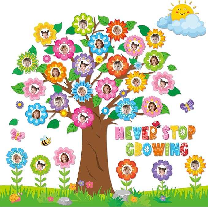 Spring Tree Bulletin Board Decorations Colorful Flowers Butterfly Classroom Bulletin Board Set Never Stop Growing Photo Posting Craft Cutouts for Home School Offices Back to School Wall Decor Supplies