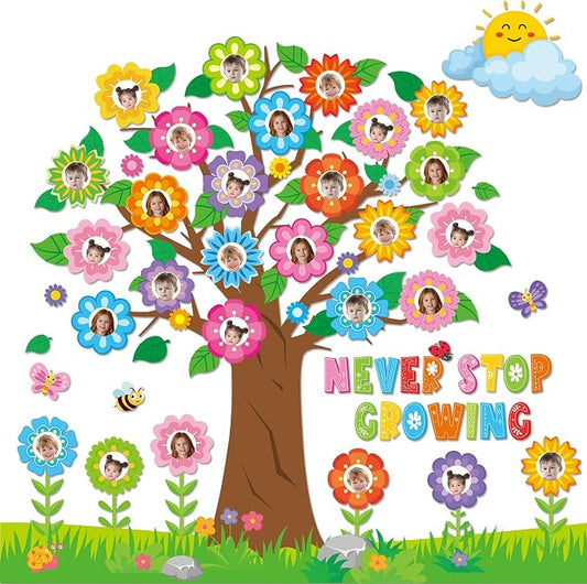 Summer Tree Bulletin Board Decorations Colorful Flowers Butterfly Classroom Bulletin Board Set Never Stop Growing Photo Posting Craft Cutouts for Home School Offices Back to School Wall Decor Supplies