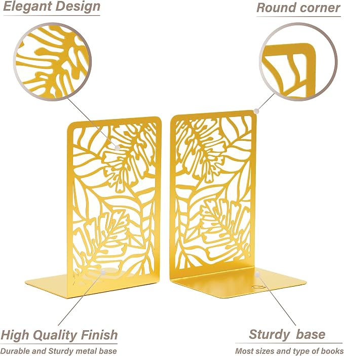 CNK Premium BookEnds - Metal Book Stoppers for Home Office, Book Shelf Holder, Home Decorative (Tropical Gold)