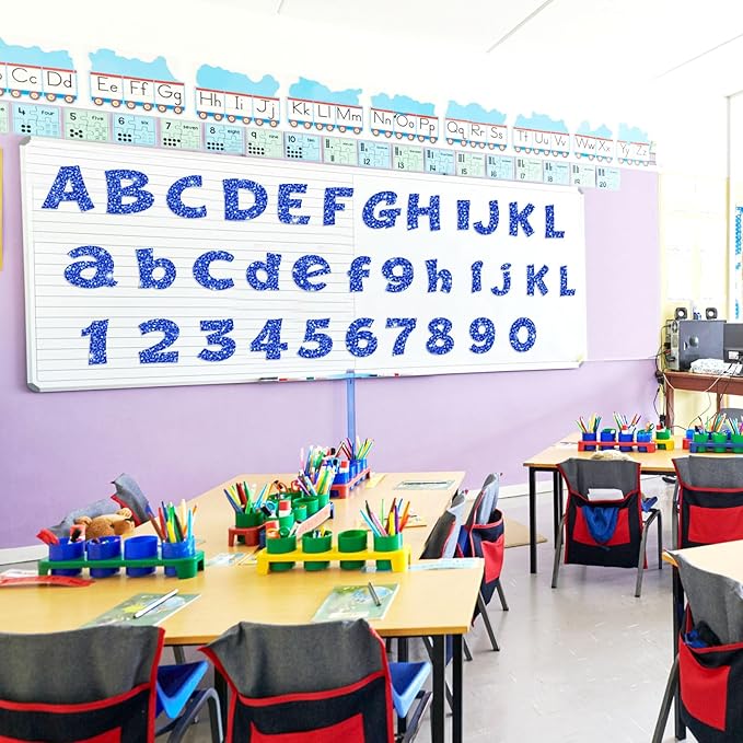 Colarr 216 Pcs Glitter Bulletin Board Letters for Classroom Number Alphabet Punctuation Symbol Cutout 4'' Die-Cut Poster Letter with Adhesive Dot School Graduation Party Holiday Decor Display(Blue)