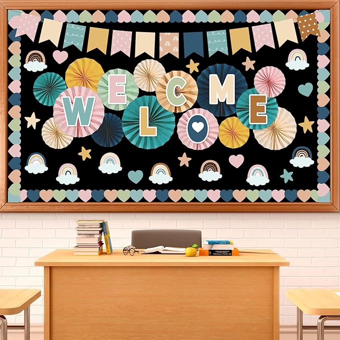 Boho Welcome Bulletin Board Sets 3D Rainbow Welcome Back Classroom Craft Decorations Boho Paper Fans Cutouts Board for Kindergarten Elementary Middle School Back to School Chalkboard Wall Decor