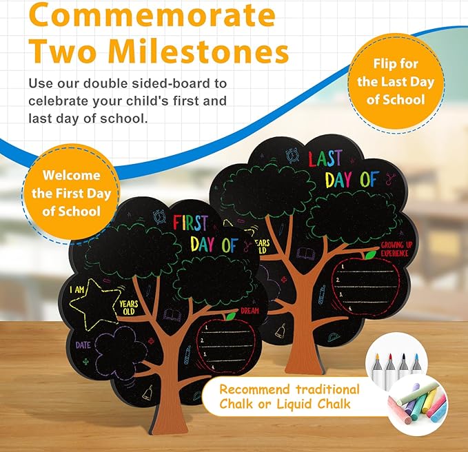 D4DREAM First Day of School Chalkboard Sign - 11''x12'' Double Sided Back to School Sign for Kids Girls Sons Reusable 1st Day of Preschool Pre-K Kindergarten Photo Props